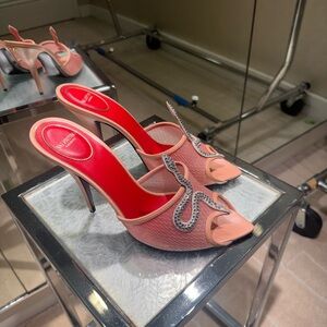 Valentino Coral Pink Crystal Snake Embellished Open-Toe Mules